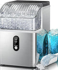 Rapid Chill Countertop Nugget Ice Maker Churns Out 35 Pounds Daily Stainless Steel Portable Unit with ice in clear containers.