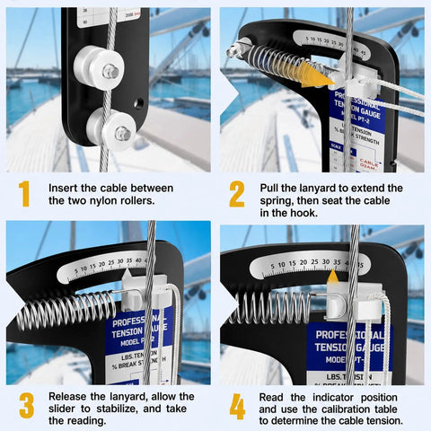 Sailboat Rigging Tension Gauge With Pro Grade Five Percent Accuracy For Three Sixteenth Inch Seven Thirty Second Inch And One Quarter Inch Wire Rope Precision Tension Meter For Standing Rigging Regatta Ready Boat Accessory, cable setup steps