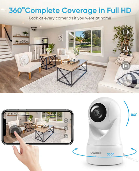 Indoor Security Camera With 360 Degree View And Auto Tracking For Home Or Pet Monitoring, 1080P HD Night Vision, shown in living room
