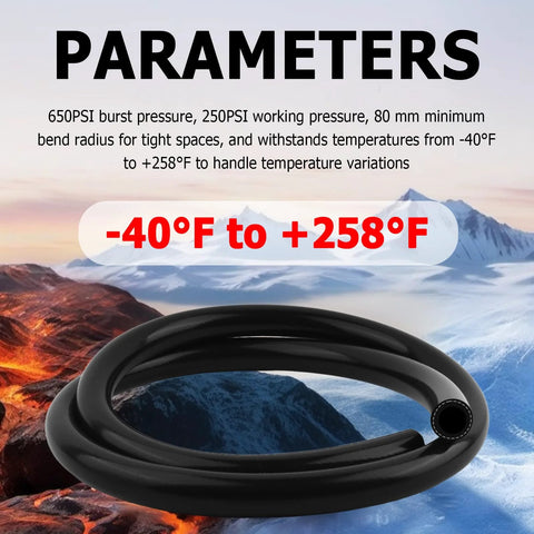 Side view of black silicone heater hose coil for automotive coolant systems