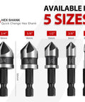 Pro Grade 5 Piece Countersink Drill Bit Set With One Quarter Inch Hex Shank, 82 Degree 5 Flute HSS Countersink Bits, sizes shown