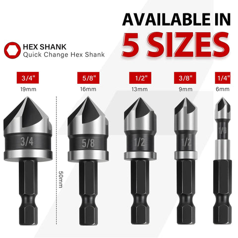 Pro Grade 5 Piece Countersink Drill Bit Set With One Quarter Inch Hex Shank, 82 Degree 5 Flute HSS Countersink Bits, sizes shown