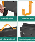 Features of Heavy Duty Folding Saw Horses 2 Pack, with snap-lock switch, removable hooks, carrying handle, and smooth corners.