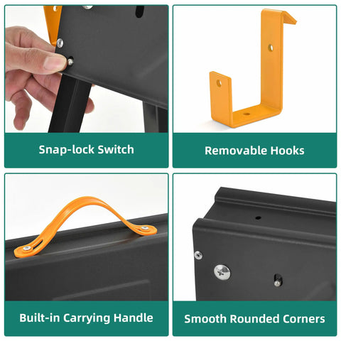 Features of Heavy Duty Folding Saw Horses 2 Pack, with snap-lock switch, removable hooks, carrying handle, and smooth corners.