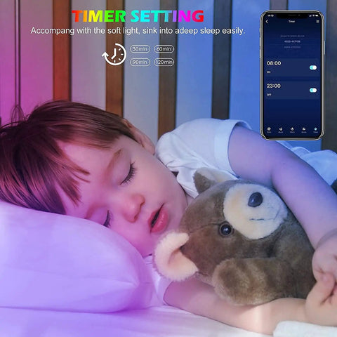 Child sleeping with plush toy under Music Sync LED Light Strips 100ft Dual 50ft Rolls With App And Remote RGB Color Changing lights