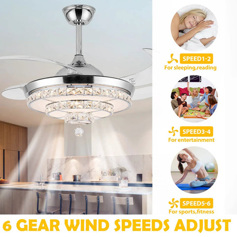 42 Inch Fandelier Ceiling Fan Chandelier With Light Dope Remote Control, 6-speed gear adjustment feature, kitchen decor