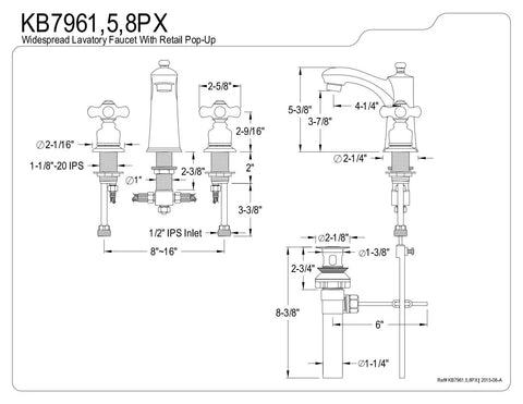 Technical drawing of Victorian Widespread Bathroom Faucet In Polished Chrome With 8 To 16 Inch Spread Solid Brass And ABS Construction