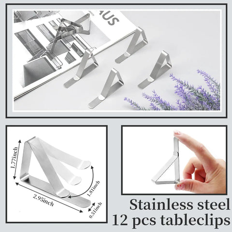 12 Pack Tablecloth Clips Stainless Steel Heavy Duty Clamps For Tables Fits Up To 1.7 Inch Thick Tables Value Pack Great For Picnics Parties Weddings Marquees Restaurants Graduation Home Kitchen Use displayed in packaging with dimensions shown.
