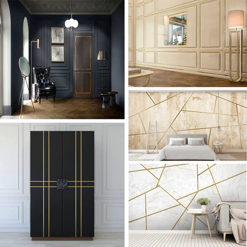 Various room designs using Matte Gold Peel And Stick Molding Trim, Flexible Mirror Border For Walls, Ceilings, Floors, 5m x 0.66cm