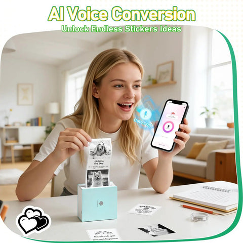 Ultra Compact Mini Sticker Printer And Portable Wireless Craft Maker For Students Hella Convenient Instant Graphic Output, showing user using printer with phone.