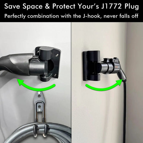 Badass Wall Mount J1772 EV Charger Holder Boasts A Slick Swivel To Clear Floor Space In Tight Garages Locks Type 1 Sae Plugs Solid For Ford Kia Gm And Other Electric Rides, showcasing a J1772 plug mounted on a wall.