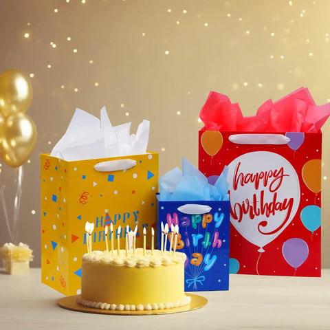 Eight Pack Birthday Gift Bags With Ribbon Handles And Tissue Paper, Assorted Sizes Including Extra Large, Large And Medium