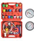 HZAUTOS 28-piece coolant vacuum refill kit in a red carrying case with 23 radiator adapters and pressure tester gauges