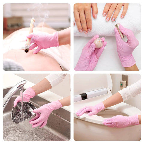 SwiftGrip pink nitrile gloves, 3-mil, latex-free, medium; gloved hand applying treatment on skin.
SwiftGrip pink nitrile gloves, 3-mil, latex-free, medium; used with manicure tools.
SwiftGrip pink nitrile gloves, 3-mil, latex-free, medium; washing a metal strainer under running water.
SwiftGrip pink nitrile gloves, 3-mil, latex-free, medium; hands at a medical device control panel.