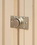 Commercial Puck Lock With Round Hasp, Solid Steel Body And Boron Steel Shackle on storage door, weather resistant.