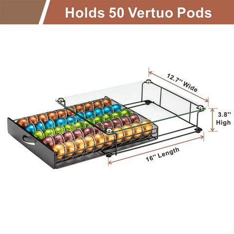 VertuoLine Capsule Drawer Organizer With Glass Front Holds 50 Pods In Five Rows Of Ten Perfect For Counter Or Cabinet Storage Easy Load And Unload With Handle Secure And Durable Kitchen Accessory.
