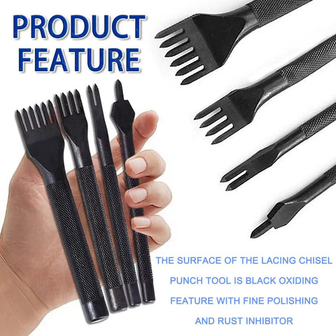 Diamond Hole Leather Stitching Chisel Set With Rhombus Teeth, 5mm Prongs In 1/2/4/6, featuring black handles held in hand