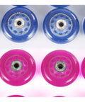 Pink Dope Inline Skate Wheels 64mm 85A With Bearings 8 Pack For Outdoor And Indoor Roller Blades Replacement Wheels Durable PU Set For A Smooth Ride Long Lasting Fun, shown in pink and blue from above
