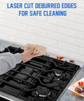 Person cleaning stove with 30 Inch Slide In Range Rear Filler Kit W10113901A Universal Triangular Gap Filler Strip Cooktop Trim