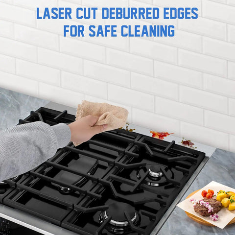 Person cleaning stove with 30 Inch Slide In Range Rear Filler Kit W10113901A Universal Triangular Gap Filler Strip Cooktop Trim
