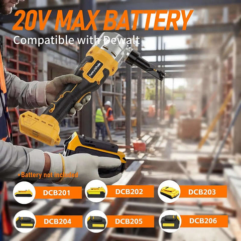 Cordless Metal Nibbler Powered By 20V Max Batteries held by worker, on construction site, showing compatibilities, battery not included