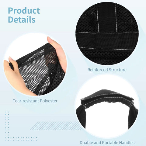 Close-up of the Big Black Mesh Duffle Bag For Scuba Gear featuring reinforced structure, tear-resistant polyester, and durable handles.