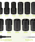 Lug Nut Extractor Set 13 Piece Wheel Lock Removal Kit displayed with sizes 10-27mm, including hex adapter and knockout pin.