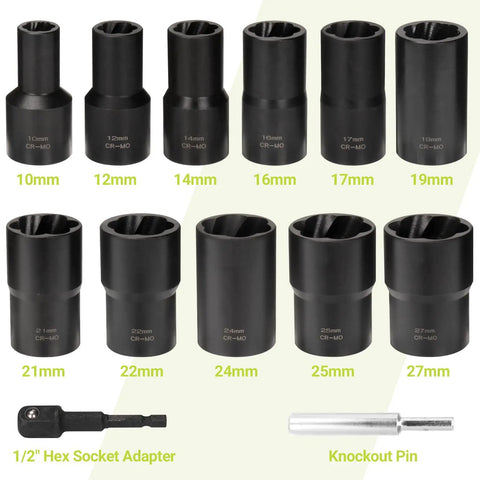 Lug Nut Extractor Set 13 Piece Wheel Lock Removal Kit displayed with sizes 10-27mm, including hex adapter and knockout pin.