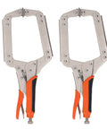Super Tough Locking C Clamp Pliers Set Inch Duty Woodworking Face Tool With Rotating Pads For Welding And Pocket Hole Joinery Projects That Are 14 Inches Long, showing two metal clamps with rubber grips.