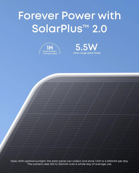 Close-up of solar panel for Two Camera Solar 4K Wireless Outdoor Security Kit With 360 Degree Coverage And Cross Cam Tracking.