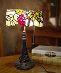 Vintage Tiffany Style Table Lamp With Stained Glass Shade, LED Compatible Desk Bedside Lamp, on wooden table with books