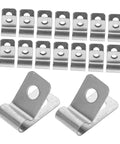 Image of 100Pcs Stainless Steel Fence Wire Clips And Heavy Duty Clamps For Securing 4mm Welded Wire To Wood And Vinyl Fences Weather Resistant Quick Install Farm Fencing Must Haves showing multiple stainless steel clips from different angles.