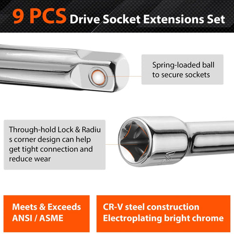 Close-up of 9 Piece Socket Accessory Set with universal joint detailing, pro grade chrome vanadium steel mirror finish.