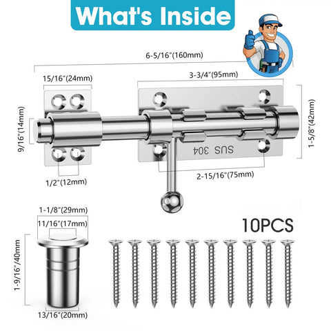 Super Tough Heavy Duty Slide Bolt Gate Latch Barrel Bolt Lock For Wooden Fences Sheds Barn Doors Yards And More Crafted From Solid 304 Stainless Steel With Silver Finish Comes As Two Pack With Screws, showing dimensions and screws included.