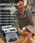 DOMENS Ultraviolet And Magnetic Money Counter Machine For Us Dollars with bills counting, LCD screen, and control panel in use at a checkout.