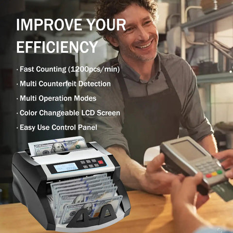 DOMENS Ultraviolet And Magnetic Money Counter Machine For Us Dollars with bills counting, LCD screen, and control panel in use at a checkout.