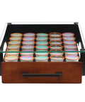 Front view of Heavy Duty K Cup Drawer Organizer for Coffee Pods with solid steel, real wood, and tempered glass, holding 30 pods.