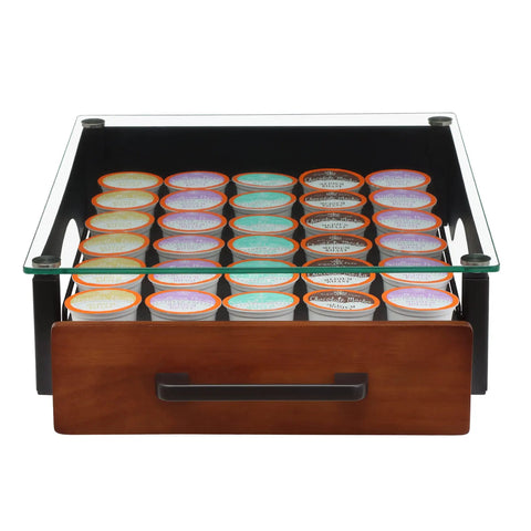 Front view of Heavy Duty K Cup Drawer Organizer for Coffee Pods with solid steel, real wood, and tempered glass, holding 30 pods.