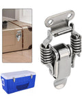Beefy Stainless Steel Double Spring Draw Latch for toolboxes, shown securing suitcase and storage box.