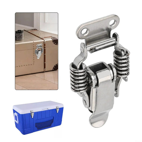 Beefy Stainless Steel Double Spring Draw Latch for toolboxes, shown securing suitcase and storage box.