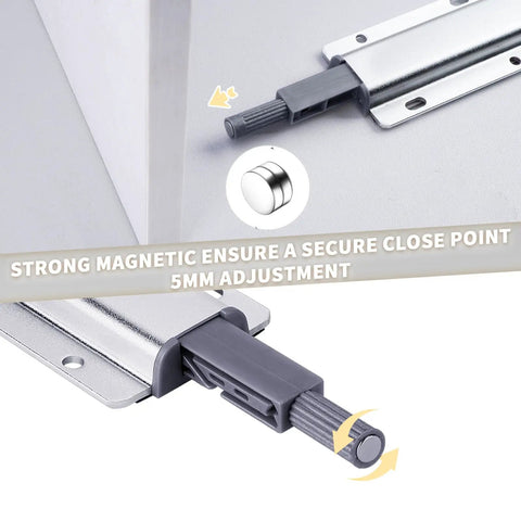4 Pack Magnetic Push To Open Latches for Cabinets and Drawers, heavy duty magnetic release in silver, focus on latch detail
