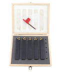 Carbide indexable turning tool set, 5 pcs, 3/4 in shanks with 60°, 75°, 90° tips in wooden case