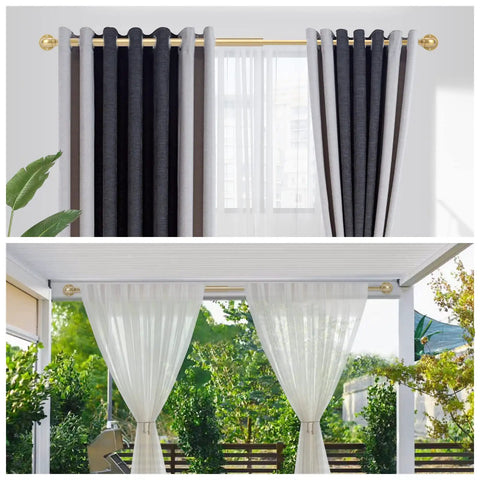 Gold Industrial Curtain Rods For Windows 48 To 84 Inches, 1 Inch Diameter, shown with heavy blackout and sheer curtains