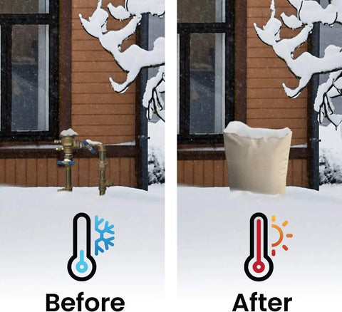 Before and after images showing exterior pipes without and with Original Pipe Insulation Roll That Keeps Pipes From Freezing This Winter.