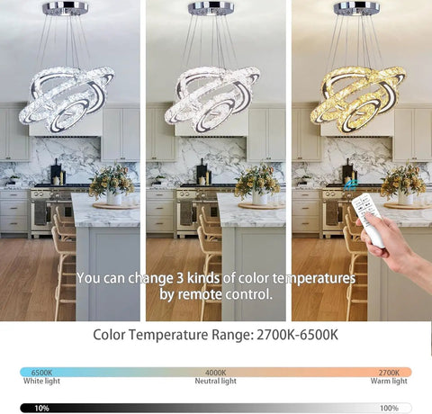 Lit Modern Crystal Chandelier DIY 3 Ring Dimmable Pendant Light With Remote LED Ceiling Fixture color temperature adjustment