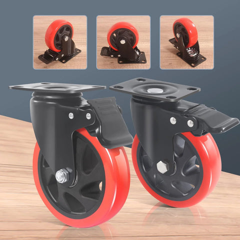 Front view of 5-inch caster wheels with brakes, set of 4, red polyurethane wheels on black mounting plates for carts.