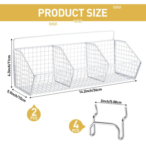 Two Pack 3-Grid Metal Pegboard Baskets With Four Hooks Wall Mount Garage Organizer showing dimensions and components