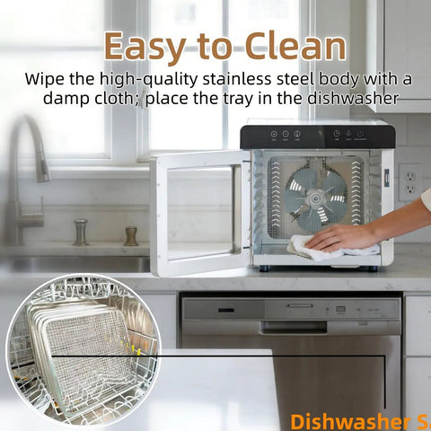 Pro Built 1000W Food Dehydrator With 8 Durable Stainless Steel Trays Plus Quick Setup Timer, easy cleaning process shown.