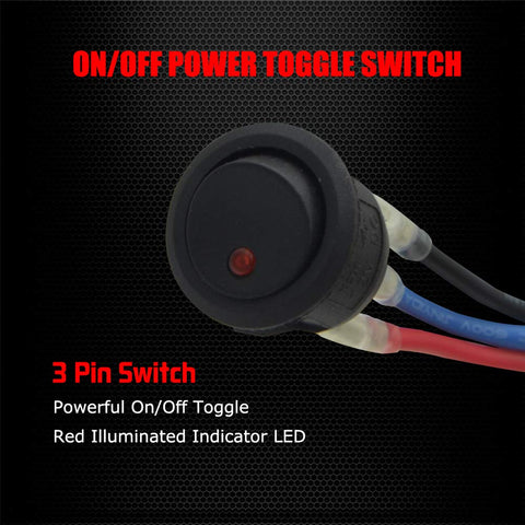 Close-up of a 3-pin on/off power toggle switch with red illuminated indicator LED from the 4 Lead LED Rock Light Wiring Harness Kit.