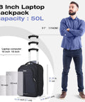 Lekespring black rolling backpack for adults with telescoping handle; 50L capacity and 18-inch laptop compatibility.